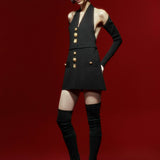Black Knit Mini Vest Dress With Gold Buttons