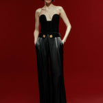 Black Wide Leg Pants With Gold Buttons and Velvet Waist