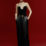 Black Wide Leg Pants With Gold Buttons and Velvet Waist