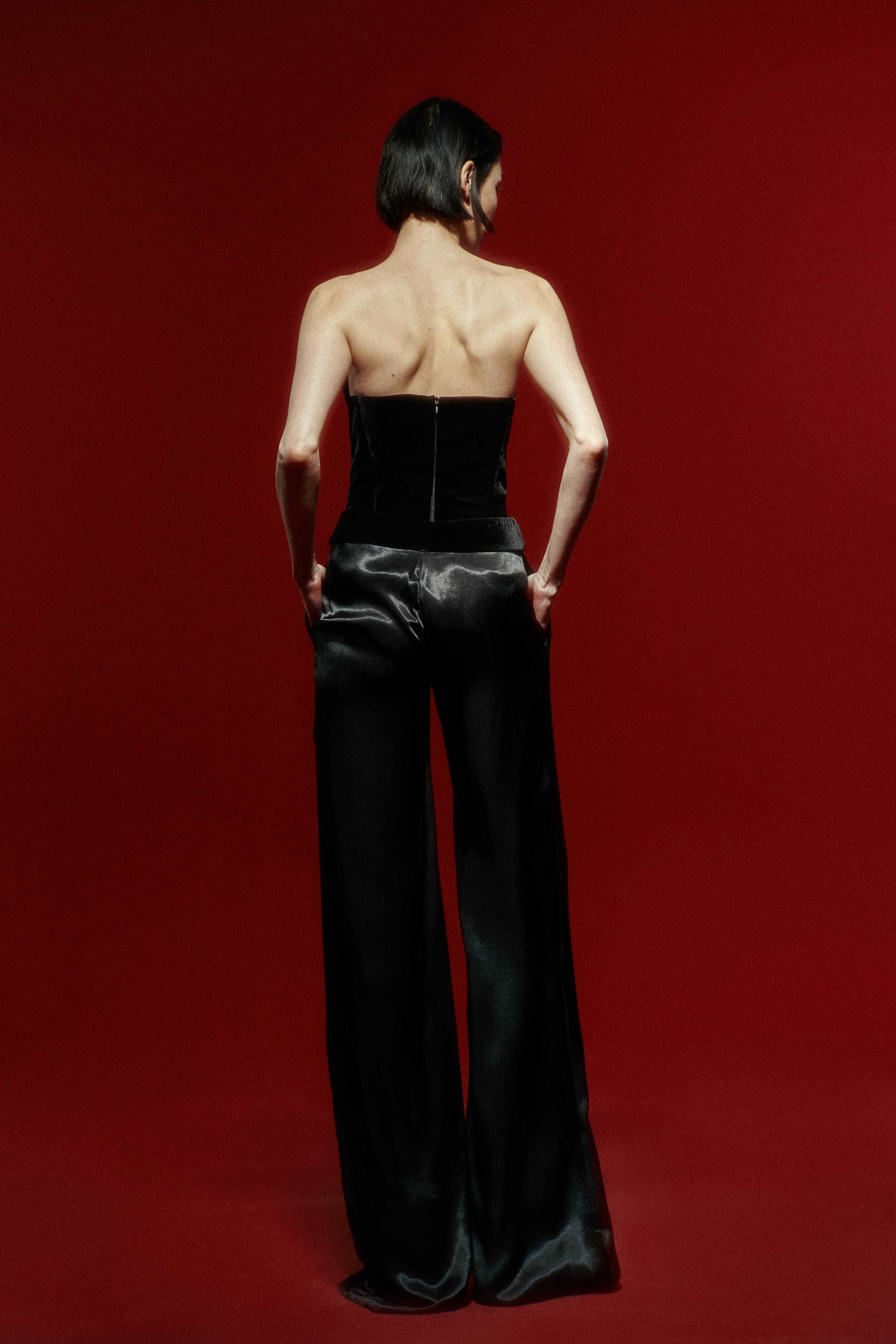 Black Wide Leg Pants With Gold Buttons and Velvet Waist