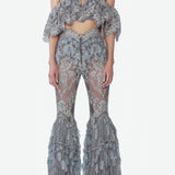 Grey Lace Pants With Flare Legs