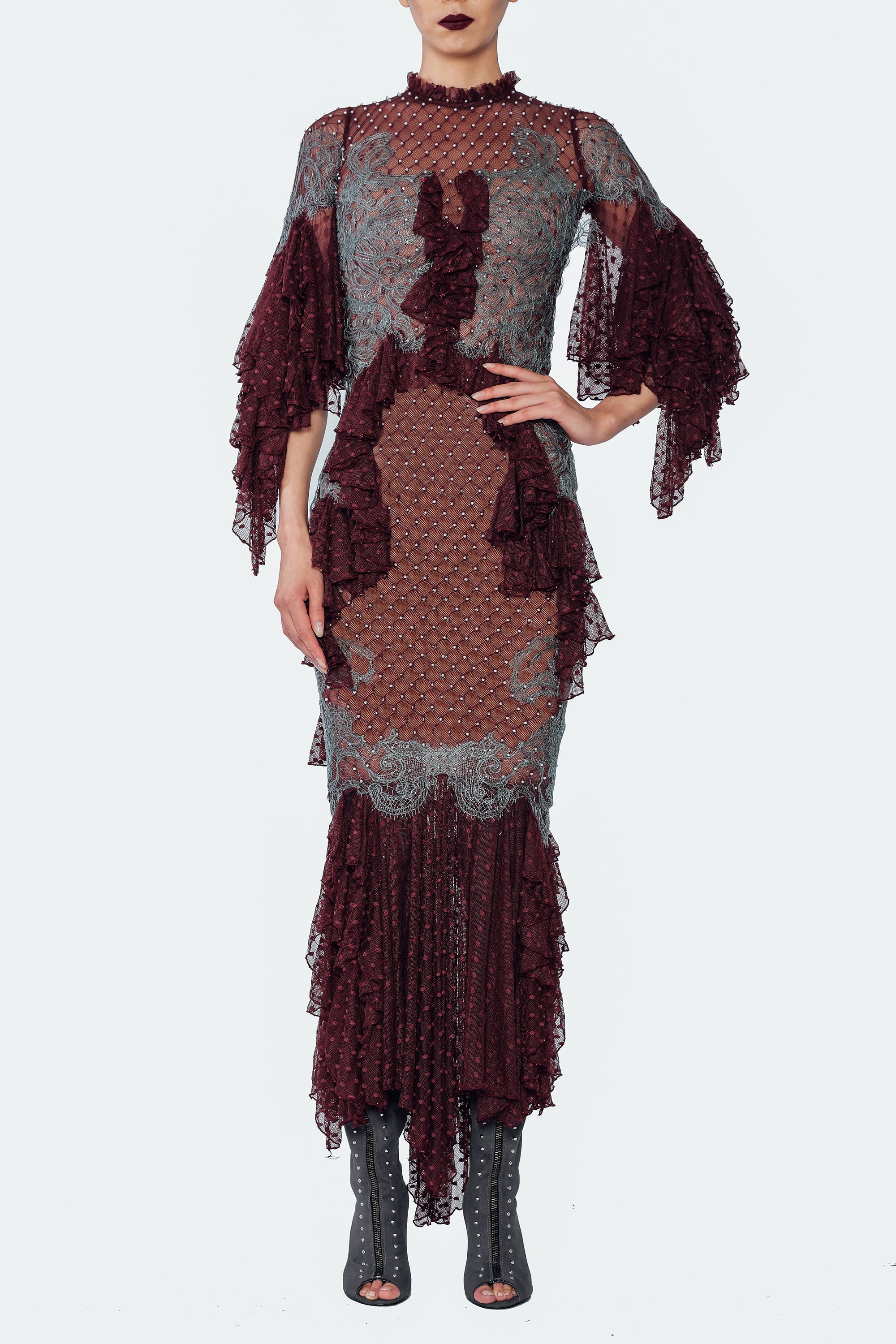 bordeaux maxi dress LONG BORDEAUX DRESS WITH CAPE