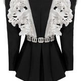 Black V-neck Jacket with White Laced Strass Embellished Embroidery
