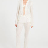 White Crochet Hand Embroidery Pants With See Through Leg Detail