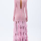 Pink Sequined Net Gown with Stone Embellished Laser Cut Fringes