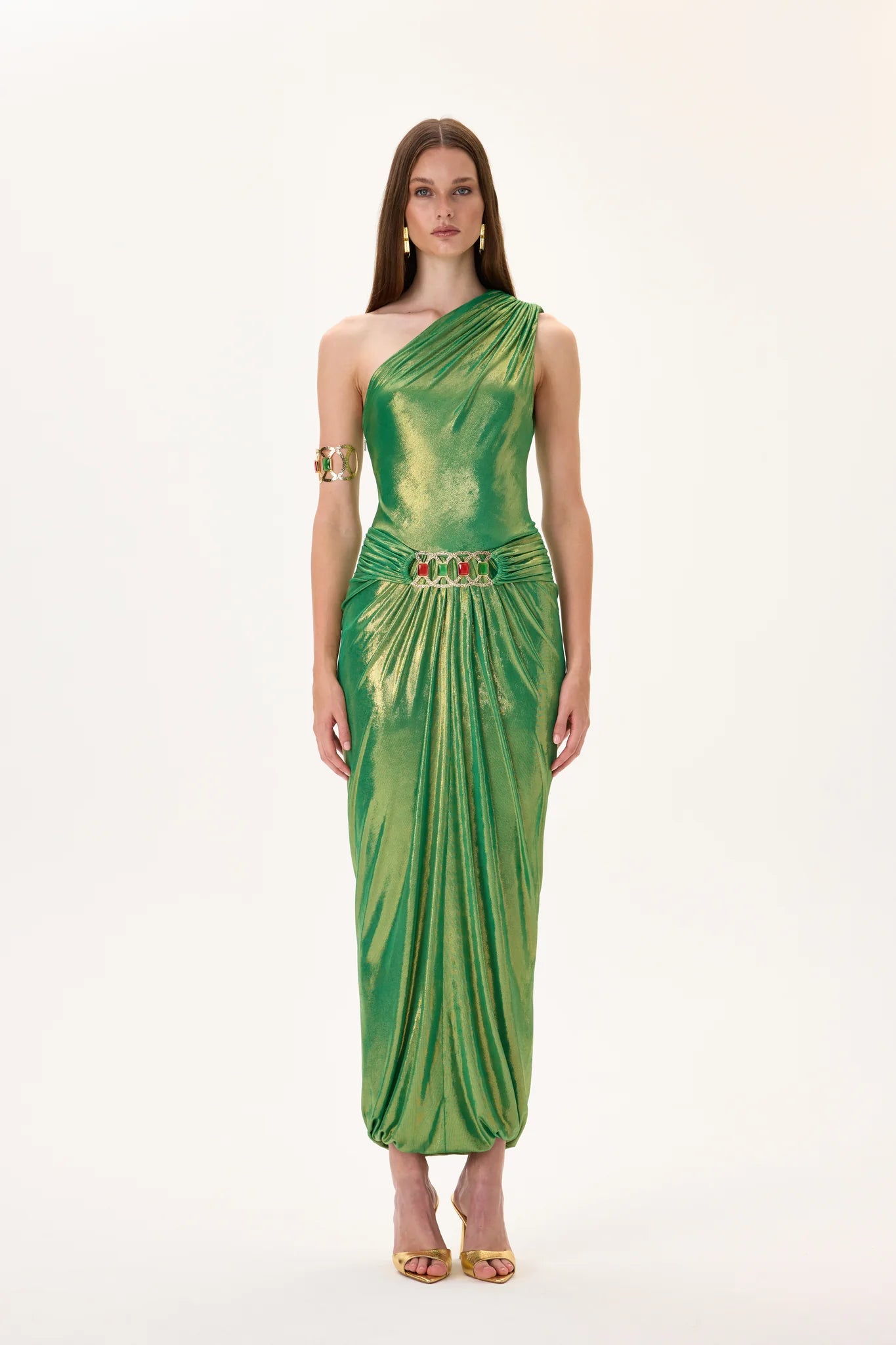 green dress with gold belt Green Sequined Dress with Black Fabric and Gold Waist Belt