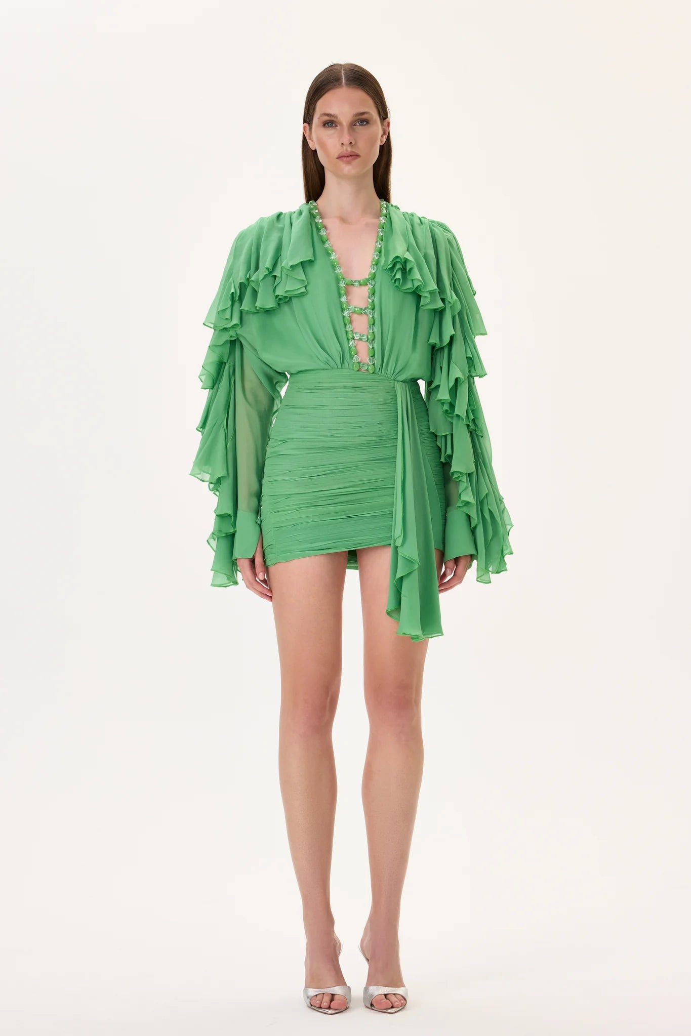 green chiffon mini dress Vintage Green Chiffon Ruffles V-neck Mini Dresses Fashion Full Sleeves High Waist Pleated Hem Dress Women Night Party Vestidos 250207