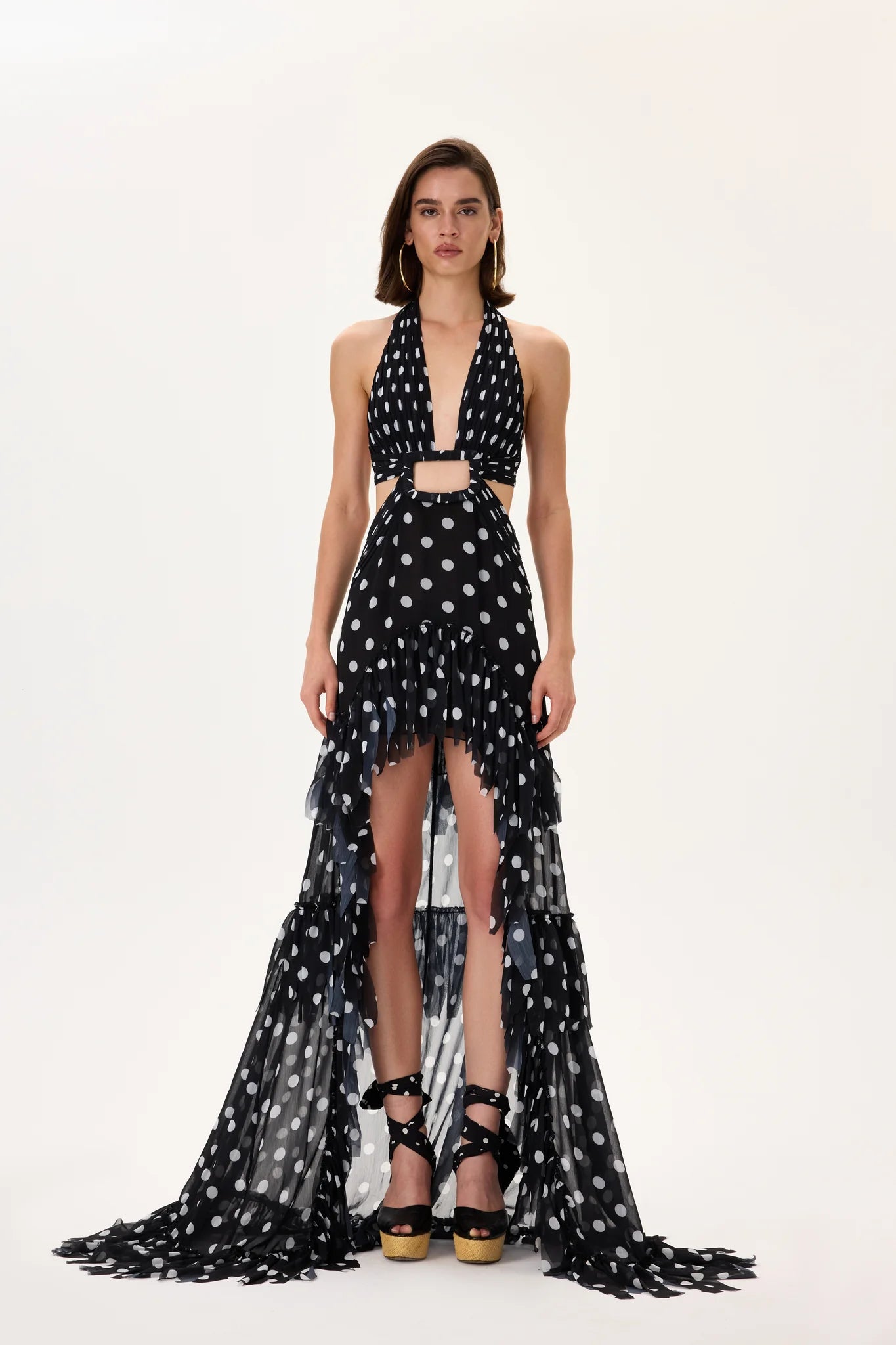 Black Polka Dot Chiffon Dress With Laser Cut Fringes And Belt Detail – RAISA VANESSA INT