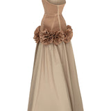 Beige Maxi Dress With Corset And Flower Details