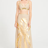 Beige Linen Maxi Skirt With Gold Pattern Detail