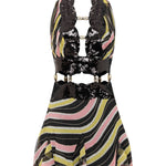 Amazonica Chiffon Wavy Striped Mini Dress with Black Sequin Details