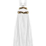 White Linen Halter Neck Maxi Dress With Cutouts And Gold Wavy Sequin Details