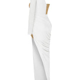 Gold And White Medusa Maxi Dress With High Sut And Rose Details