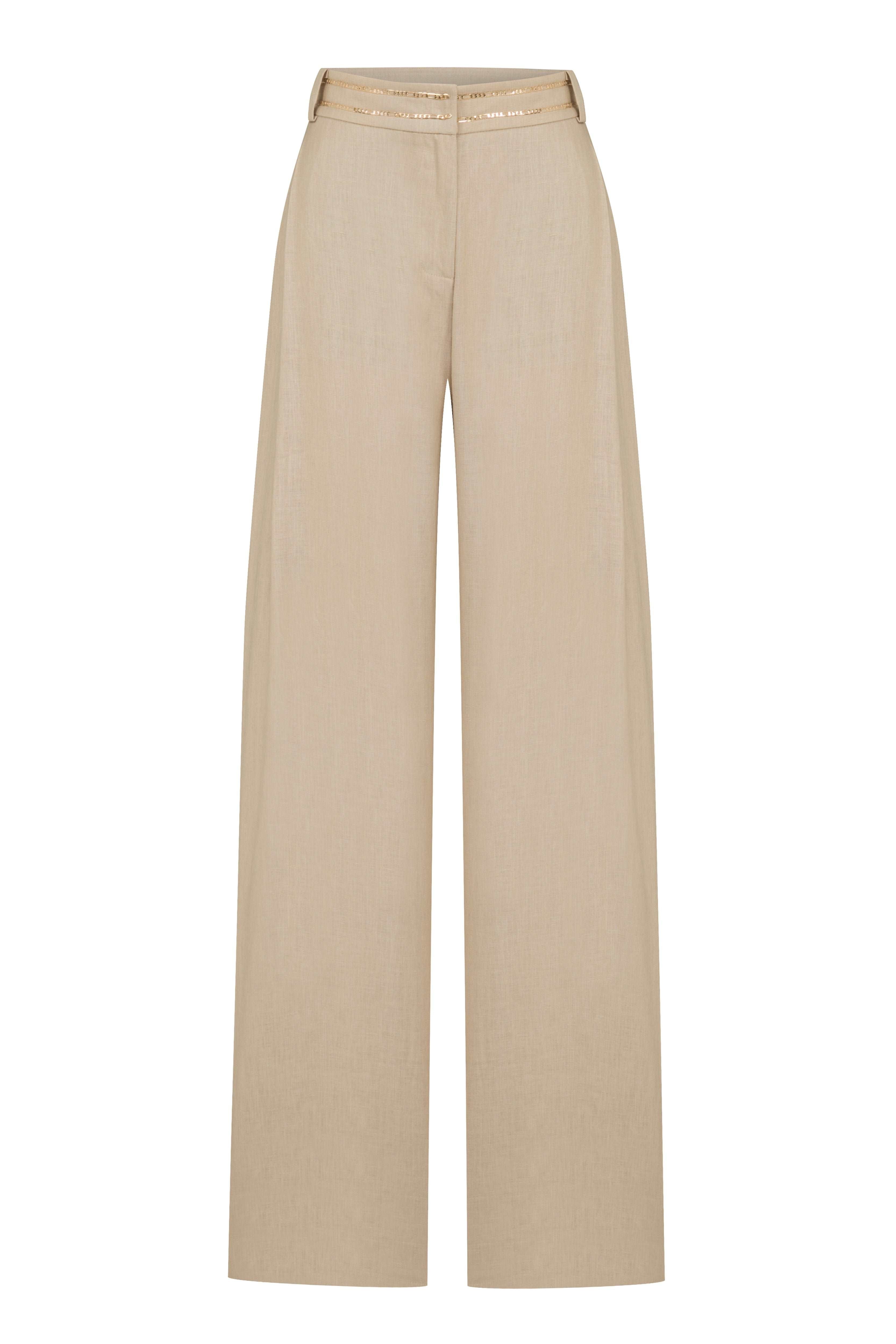 Beige Linen Pleated Pants With Gold Chain Details