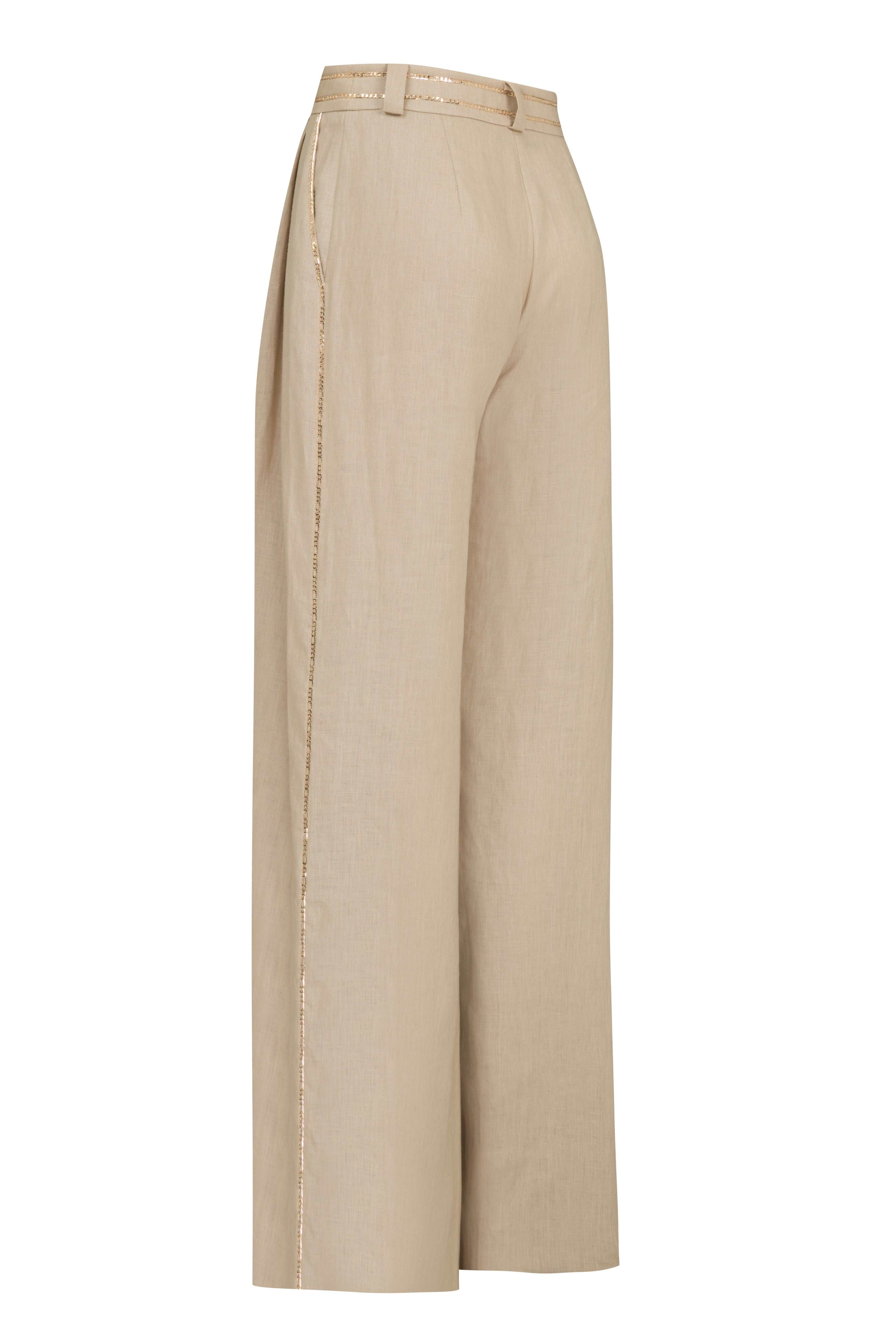 Beige Linen Pleated Pants With Gold Chain Details