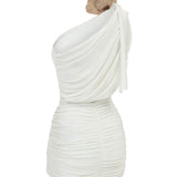 White One Shouldered Mini Dress With Drape And Rose Details