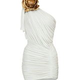 White One Shouldered Mini Dress With Drape And Rose Details