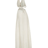 Cream Linen Halter Neck Maxi Dress With Cut Out And Flower Details