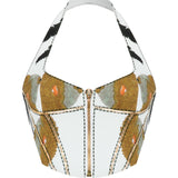 Printed Halter Neck Top With Zipper Front And Gold Chain Details