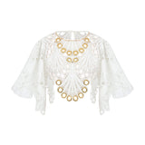 White Lace Crop Top With Ruffle Sleeves And Gold Eyelet Details