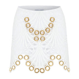 White Lace Mini Skirt With Gold Eyelet Details
