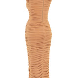 Tan Midi Dress With Padded Shoulders And Drape Details
