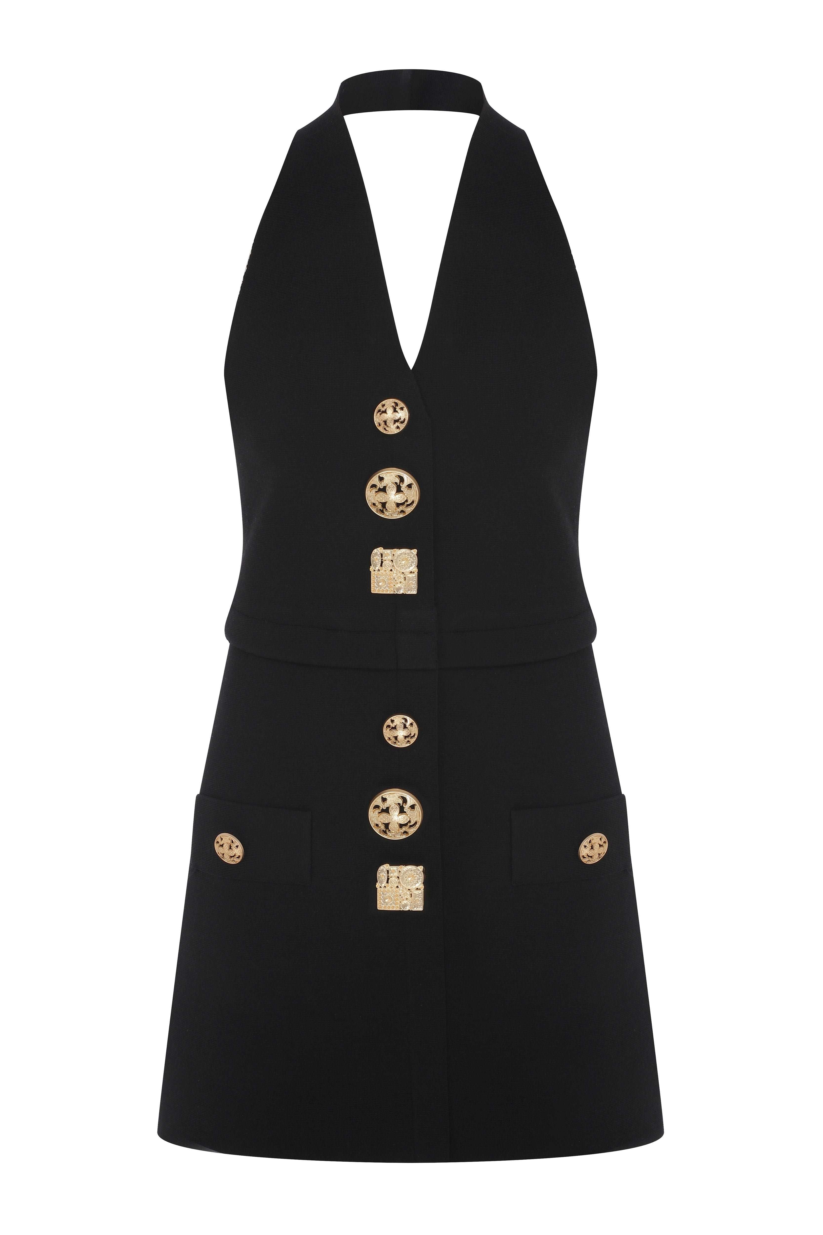 Black Knit Mini Vest Dress With Gold Buttons