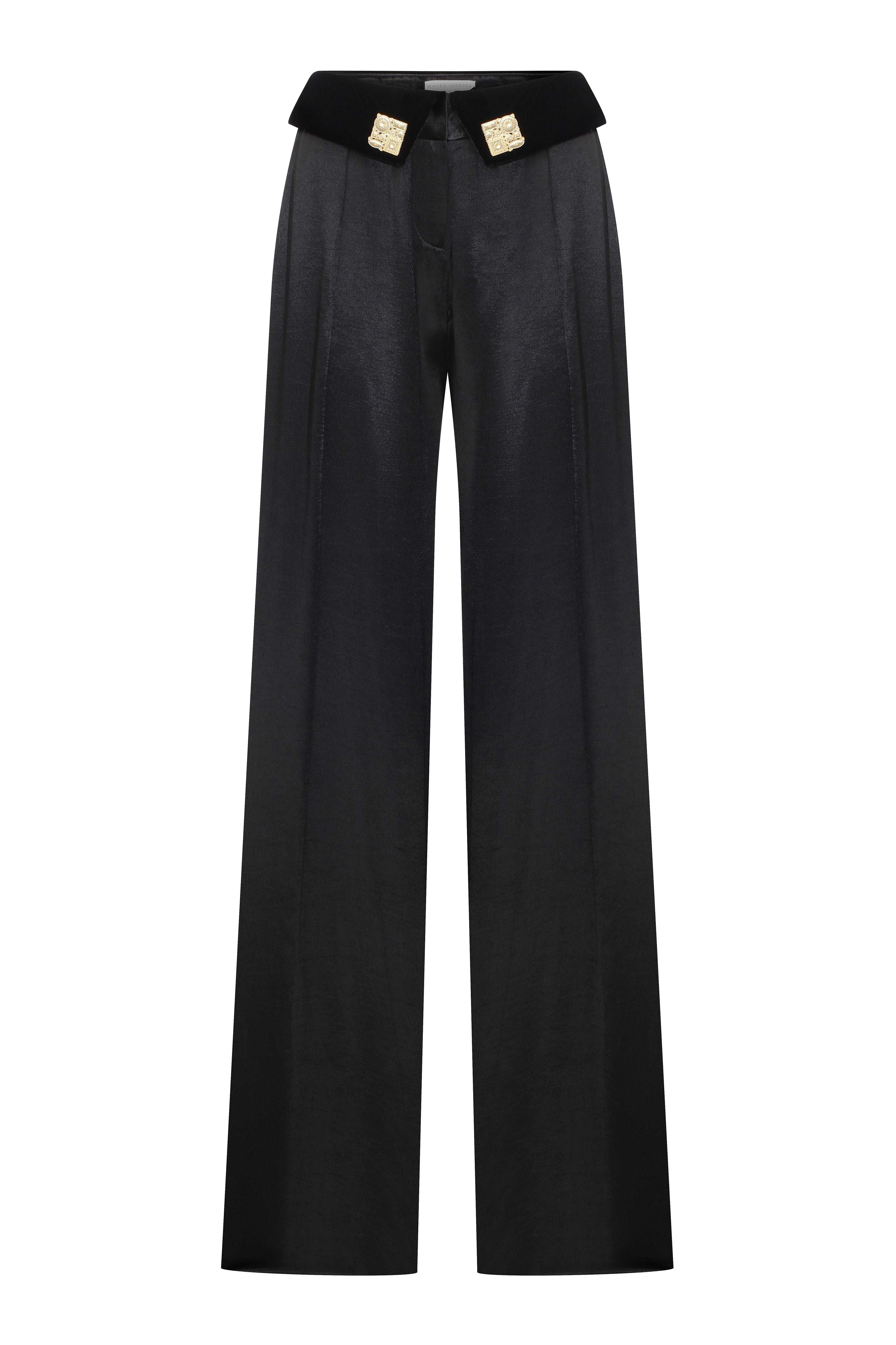 Black Wide Leg Pants With Gold Buttons and Velvet Waist