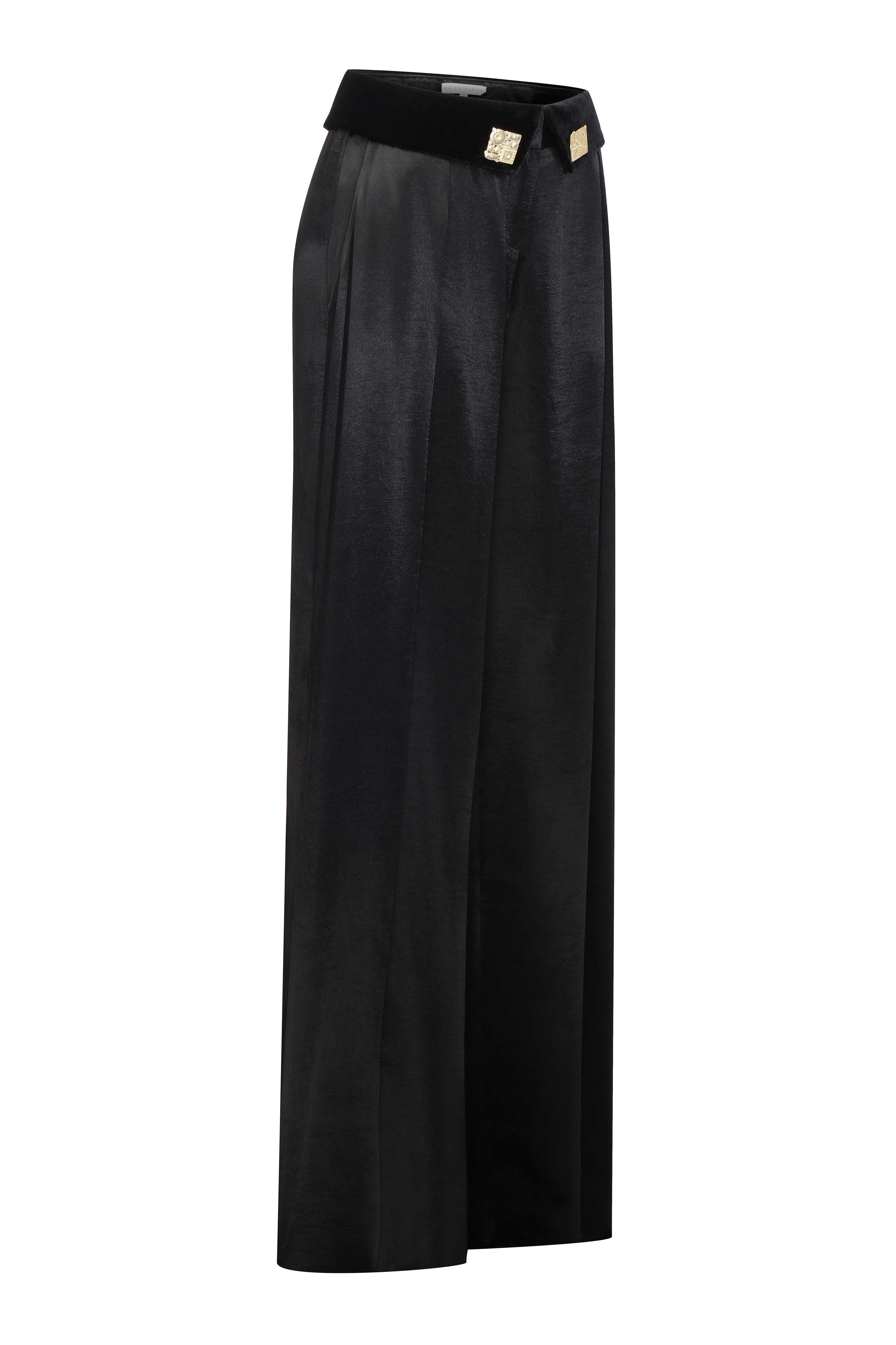 Black Wide Leg Pants With Gold Buttons and Velvet Waist