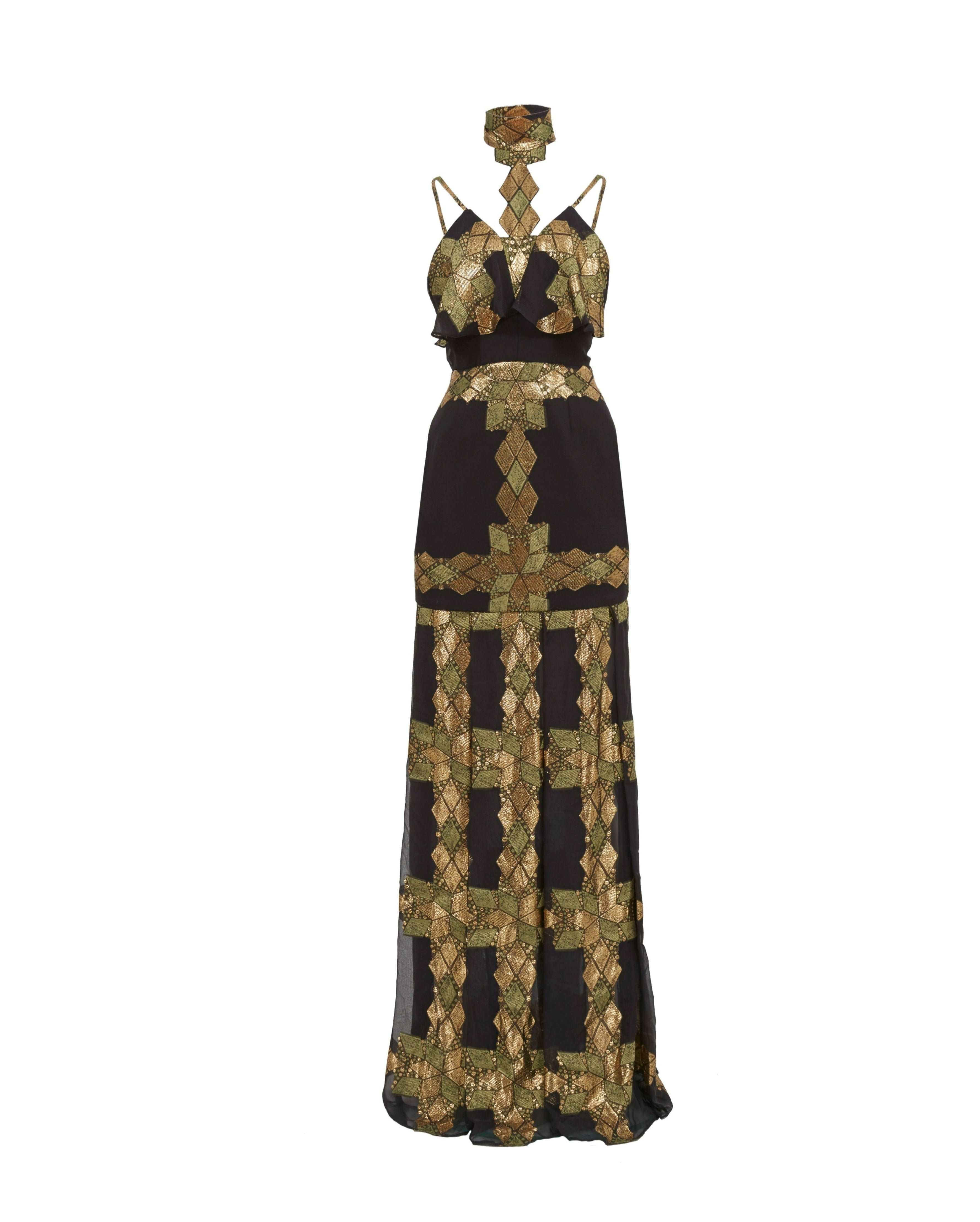green emerald velvet dress Gold Halter Neck Mini Dress with Dripping Sequin and Embroidery Detail – RAISA  VANESSA INT main image 0