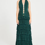 Halter Neck Ruffled Maxi Dress With Gold Accessory Detail