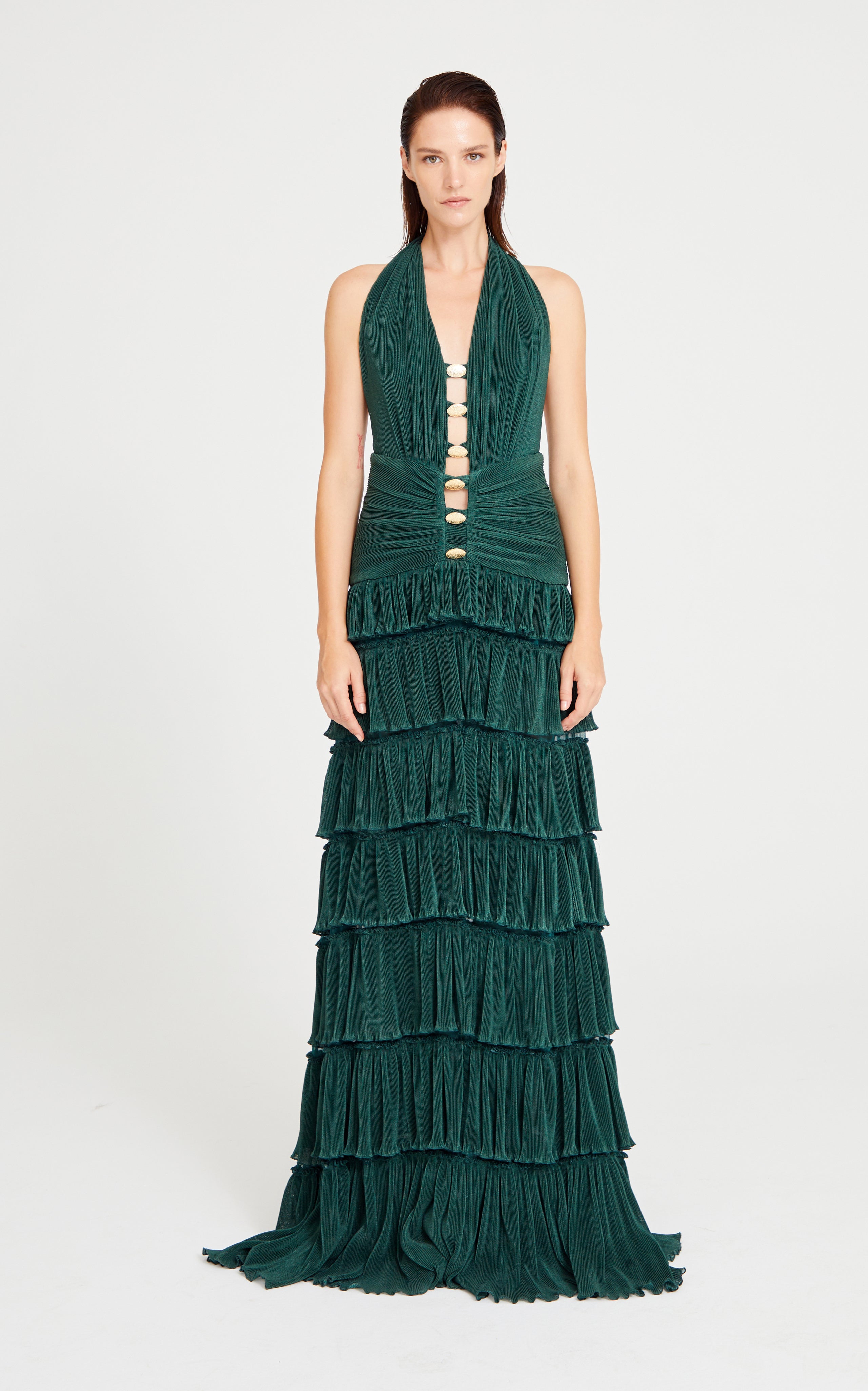 Halter Neck Ruffled Maxi Dress With Gold Accessory Detail Halter Neck Ruffled Maxi Dress With Gold Accessory Detail