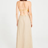Beige Linen Halter Neck Maxi Dress with Cutout and Gold Pattern Details