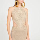 Beige Crochet Halter Neck Midi Dress with Cutout Lace Details