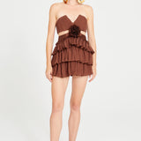 Brown Strapless Ruffled Mini Dress with Cutout and Flower Details