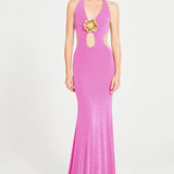 Pink Maxi Dress with Gold Lining and Flower Details