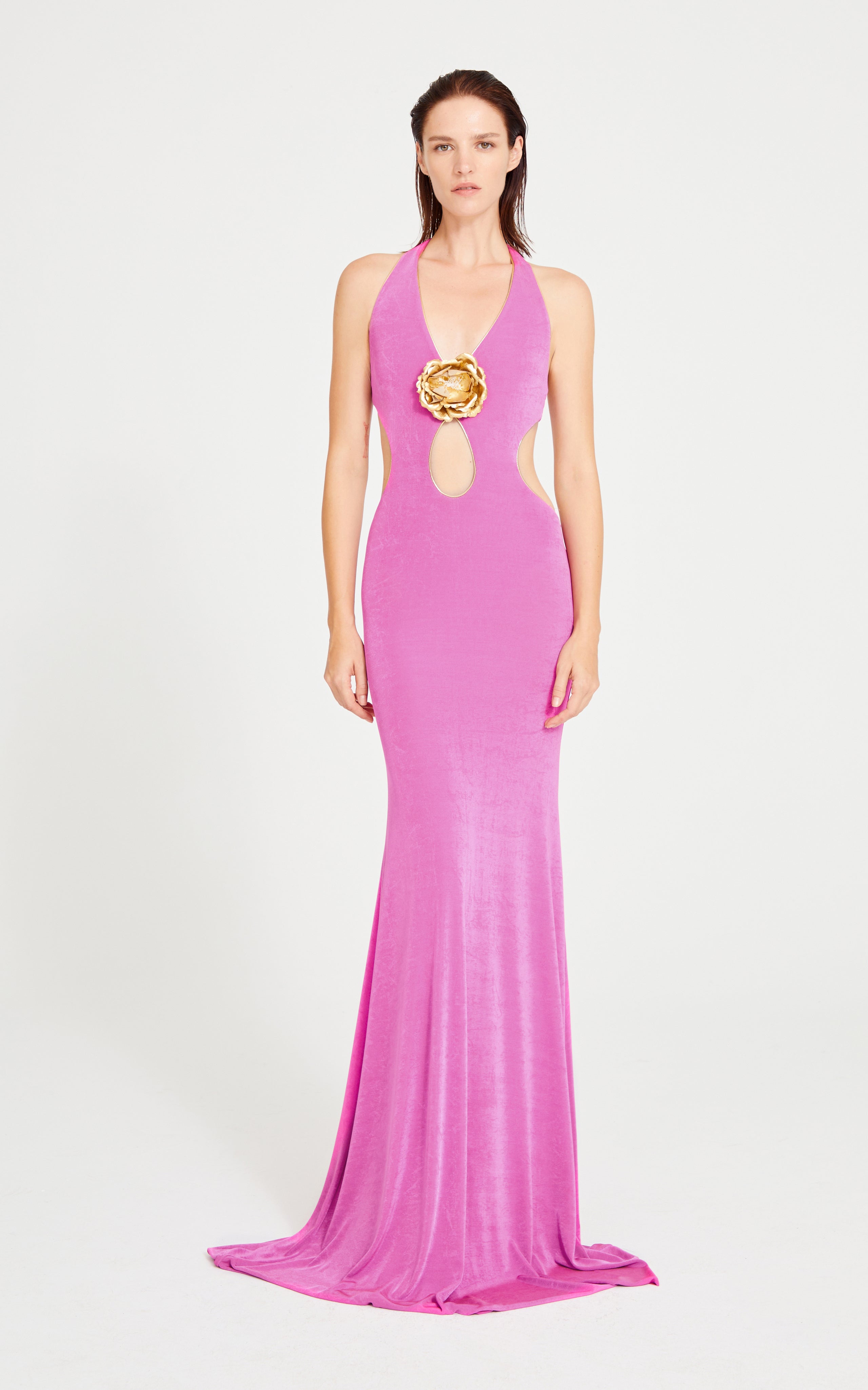 Pink Maxi Dress with Gold Lining and Flower Details RAISA VANESSA INT Pink Maxi Dress with Gold Lining and Flower Details RAISA VANESSA INT