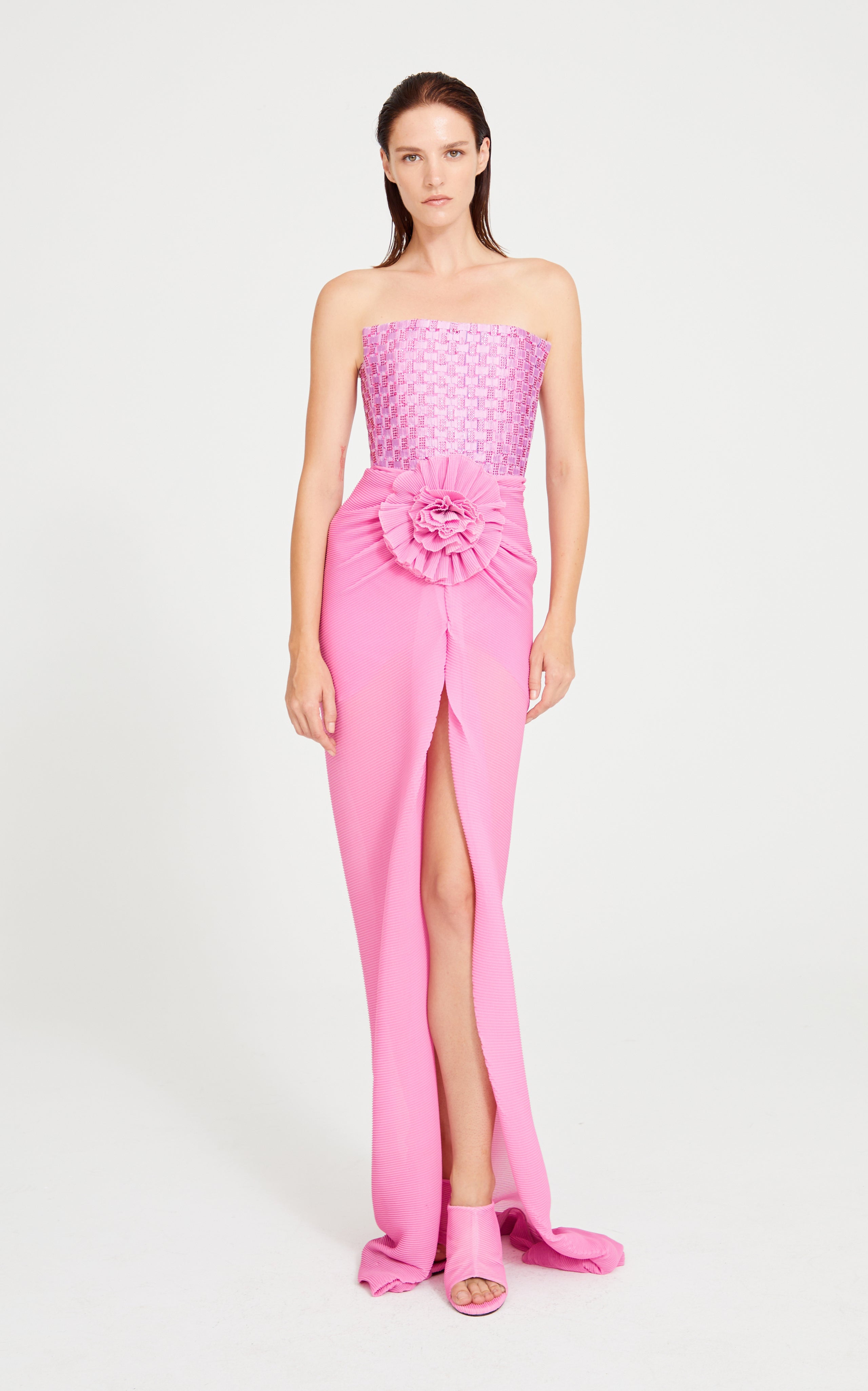 Pink Strapless Maxi Dress With Embroidery And Flower Details RAISA VANESSA INT Pink Strapless Maxi Dress With Embroidery And Flower Details RAISA VANESSA INT