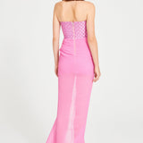 Pink Strapless Maxi Dress With Embroidery And Flower Details