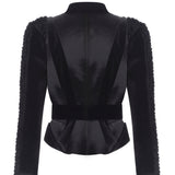 Black V-Neck Rugan Jacket with Velvet Crochet and Belt Detail