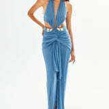 Indigo Buzzy V-neck Maxi Dress with Cutout and Gold Ivory Accessory Details
