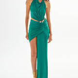 Green Buzzy Halter Neck Mini Dress with Tail and Gold Accessory Details