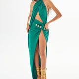 Green Buzzy Maxi Skirt with High Slit and Gold Accessory Details