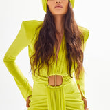 Lemon Buzzy Long Sleeve Maxi Dress with Shoulder Pads and Drape Details