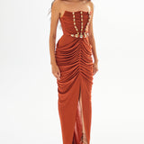 Strapless Terracotta Maxi Dress with High Slit and Gold Accessory Details