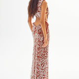 Chocolate Turtle Neck Maxi Dress with Patterned Sequin and Open Back