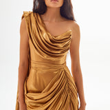 Gold Afrodit One Shoulder Midi Dress with Drape Details