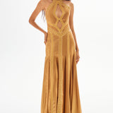 Gold Afrodit Cross Body Neck Maxi Dress with Cutout and Gold Embroidery Line Details