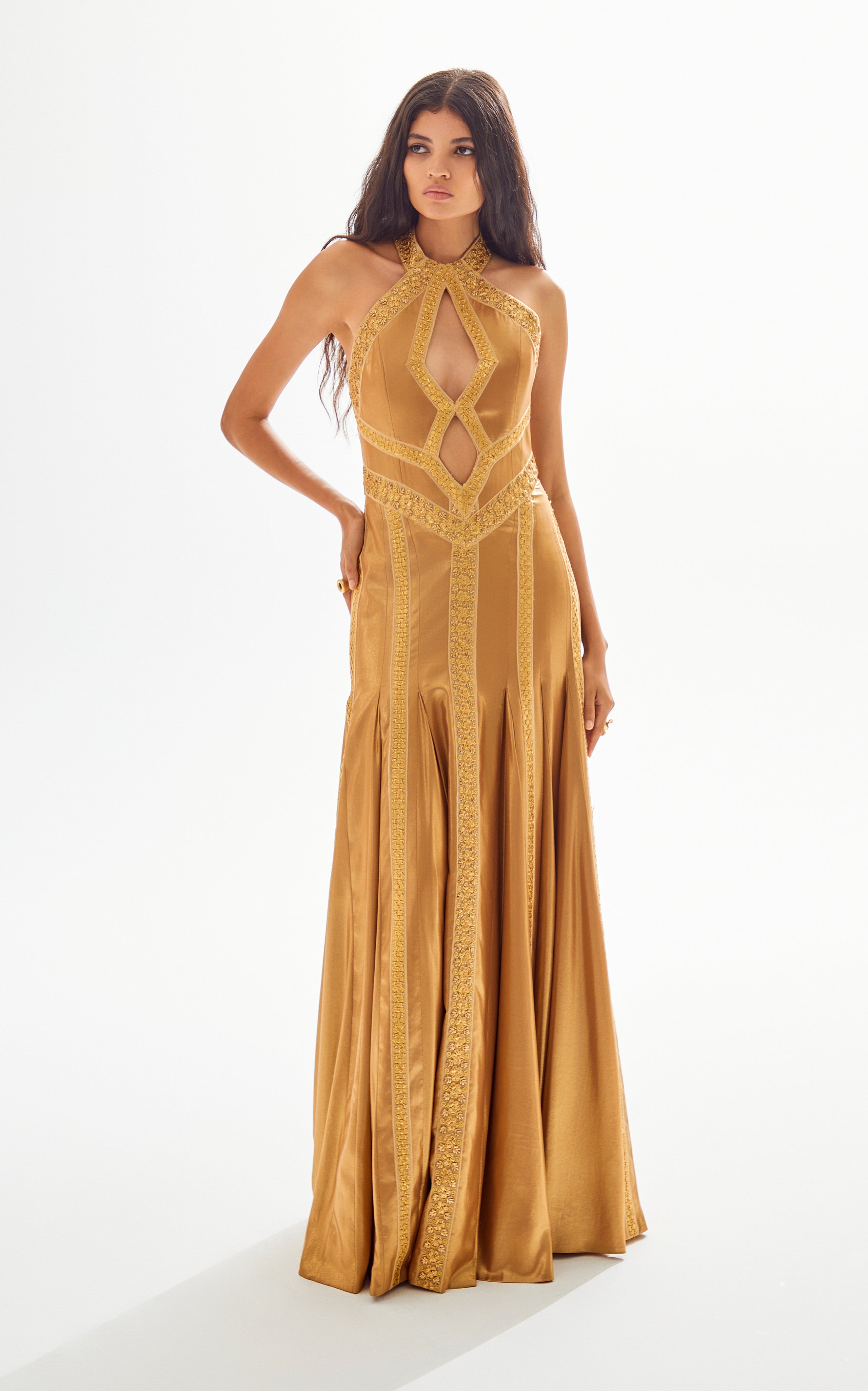 Gold Afrodit Cross Body Neck Maxi Dress with Cutout and Gold Embroider RAISA VANESSA INT Gold Afrodit Cross Body Neck Maxi Dress with Cutout and Gold Embroider RAISA VANESSA INT