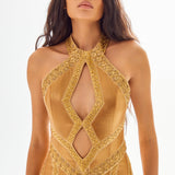Gold Afrodit Cross Body Neck Maxi Dress with Cutout and Gold Embroidery Line Details